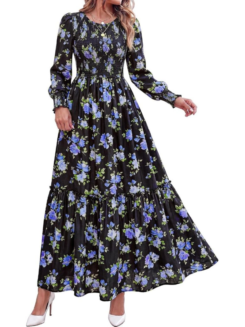 Women's Black Blue Long Sleeve Floral Casual Fall Dresses With Maxi Pockets